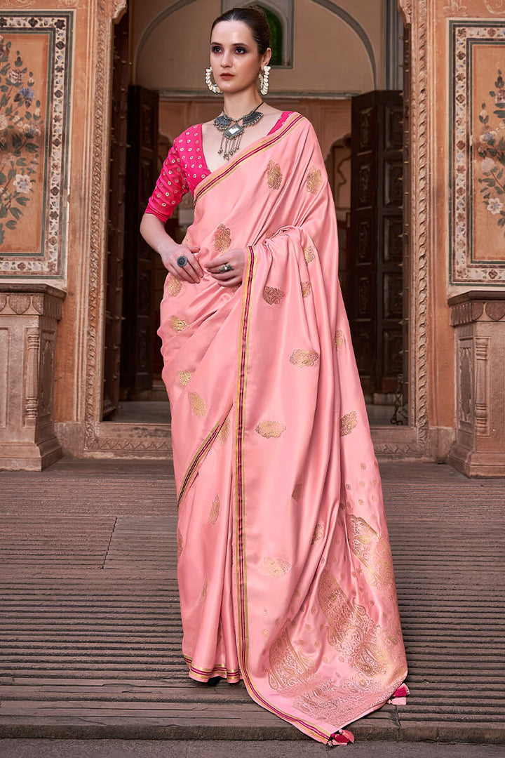Soft Pink Banarasi Satin Silk Saree