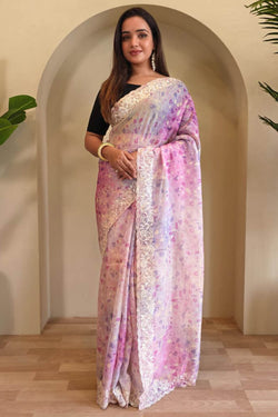 Soft Pink Embroidery and Printed Organza Silk Saree