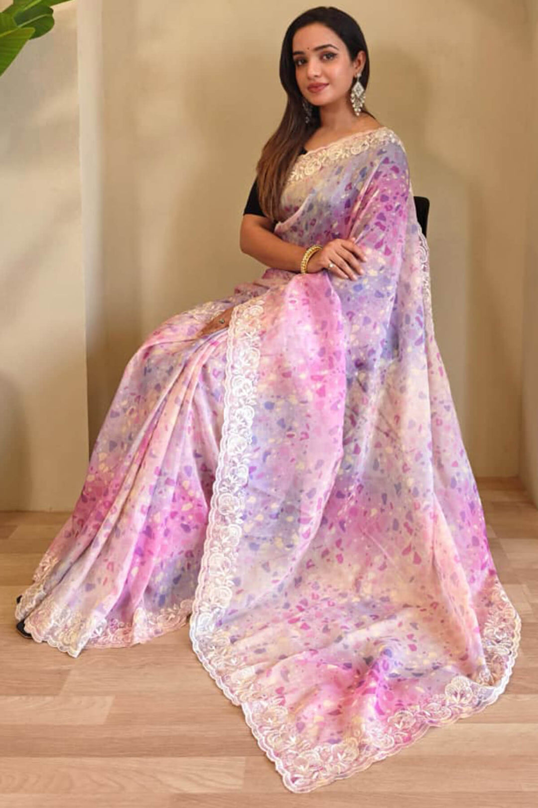 Soft Pink Embroidery and Printed Organza Silk Saree