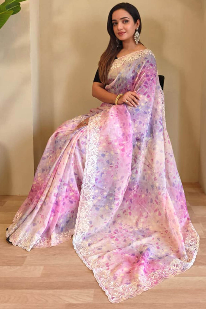 Soft Pink Embroidery and Printed Organza Silk Saree