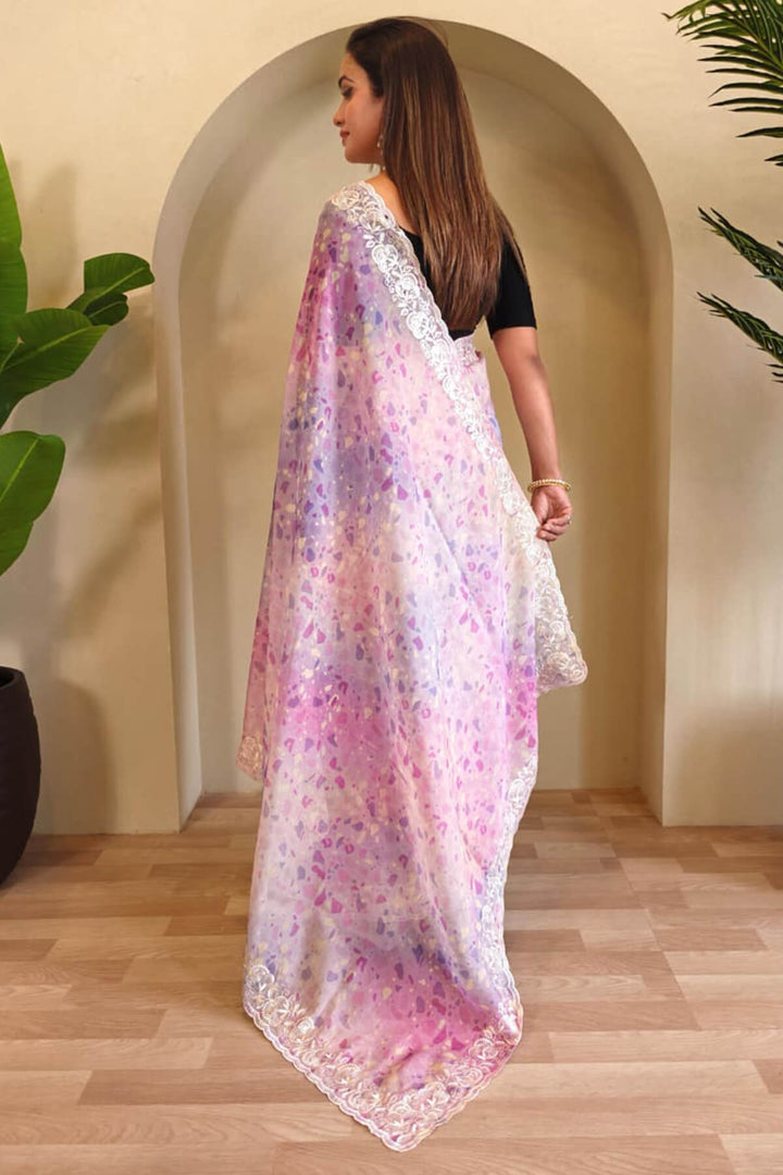 Soft Pink Embroidery and Printed Organza Silk Saree