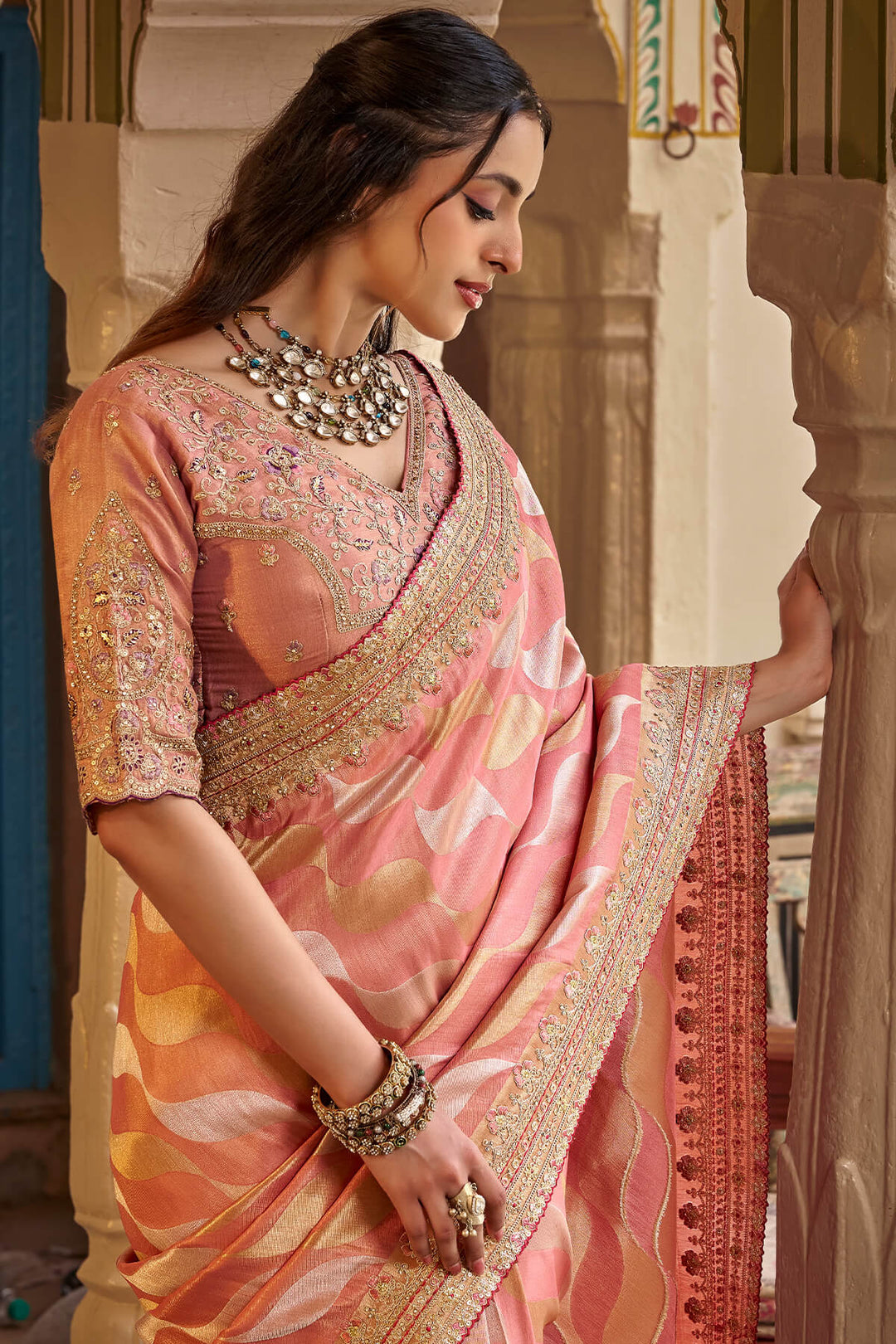 Soft Pink Hand Work Viscose Saree with Stiched Blouse