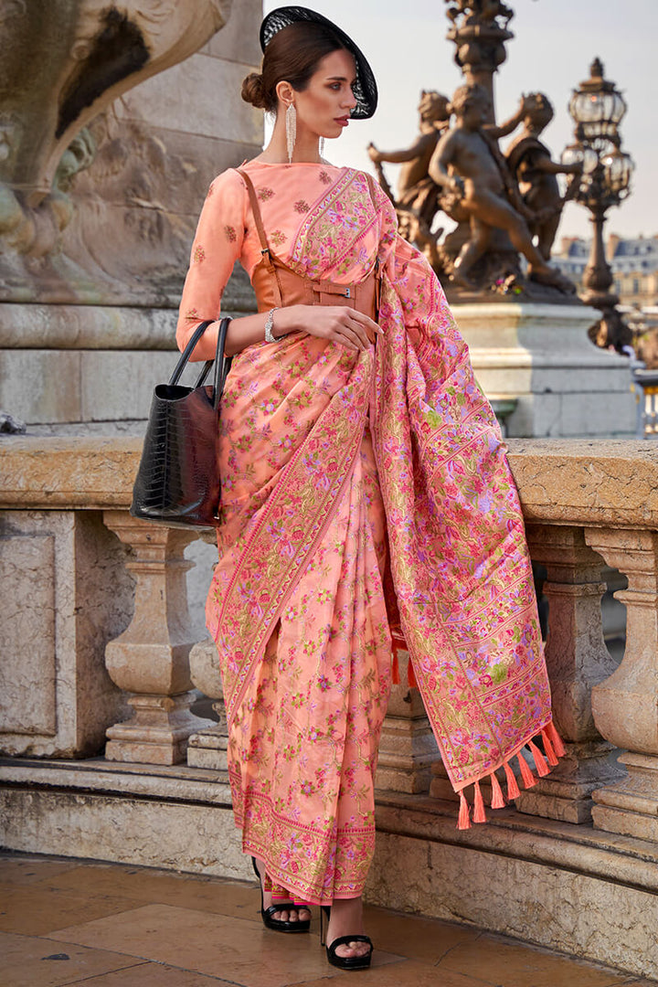 Soft Pink Kashmiri Weaving Organza Silk Saree