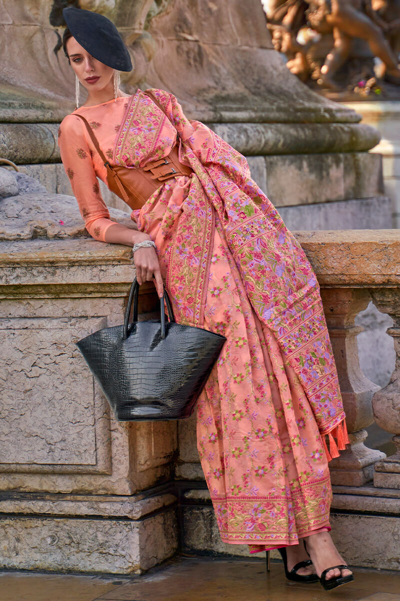 Soft Pink Kashmiri Weaving Organza Silk Saree