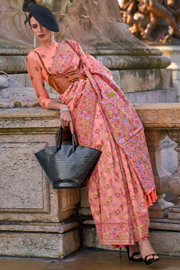 Soft Pink Kashmiri Weaving Organza Silk Saree