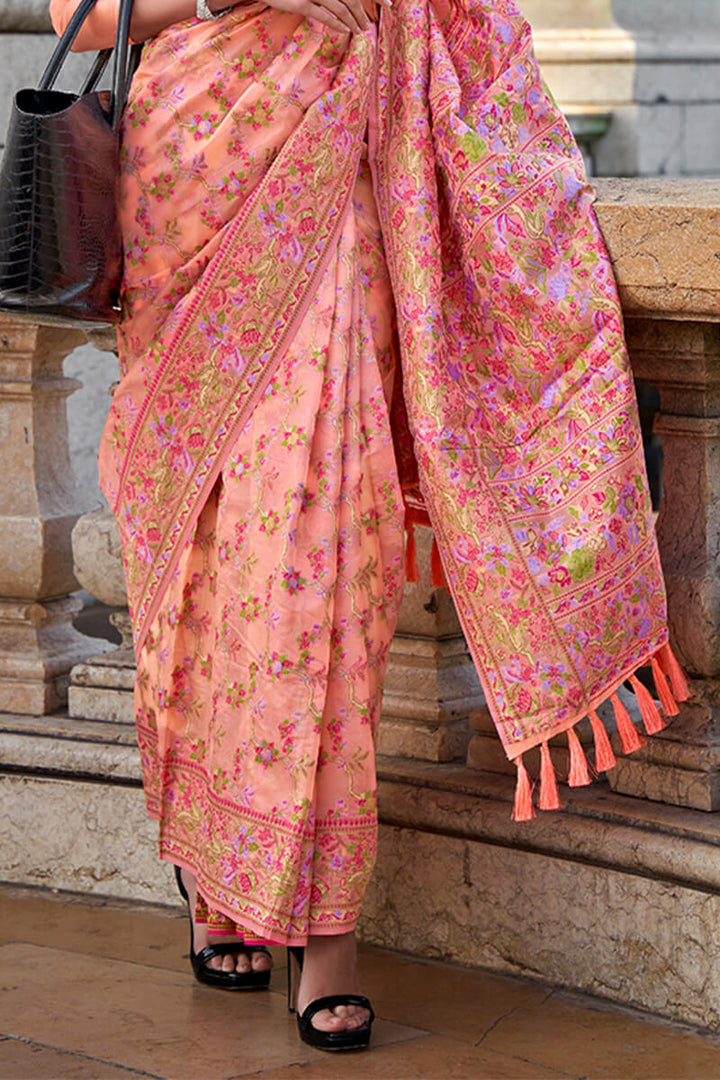 Soft Pink Kashmiri Weaving Organza Silk Saree