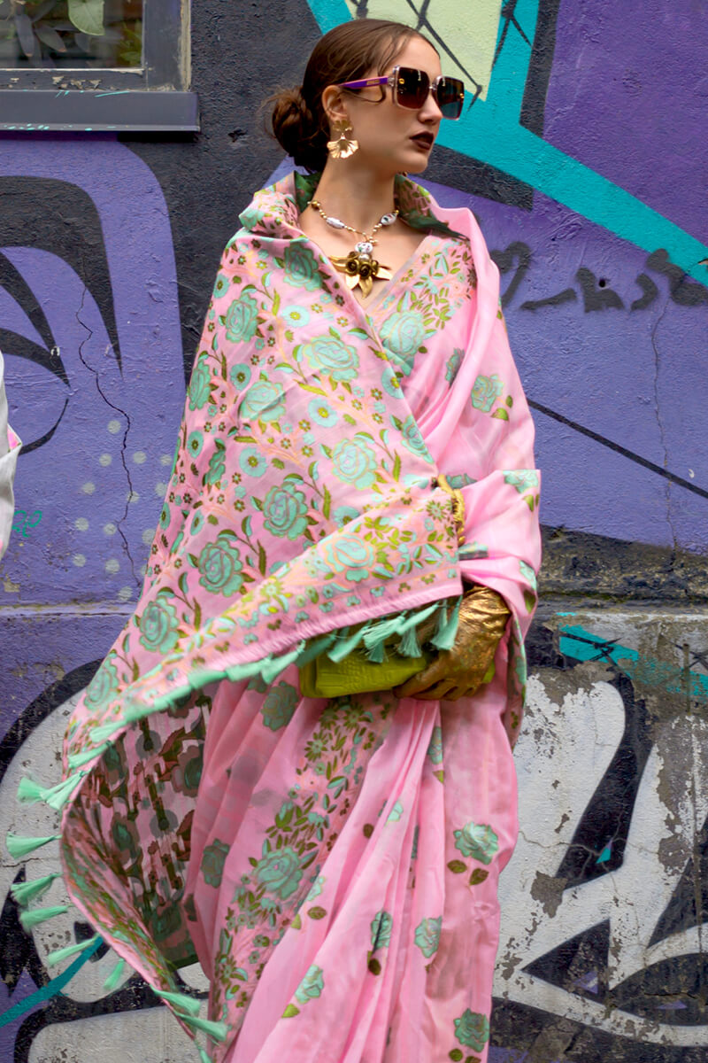 Soft Pink Parsi Woven Banarasi Silk Saree