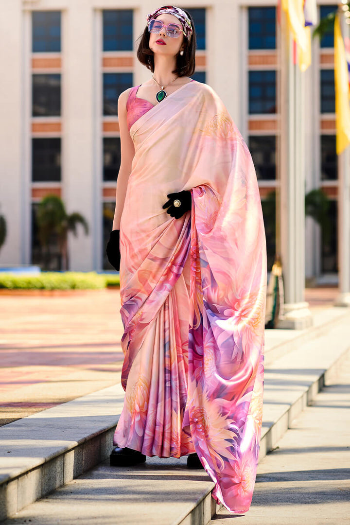 Soft Pink Printed Satin Crepe Silk Saree