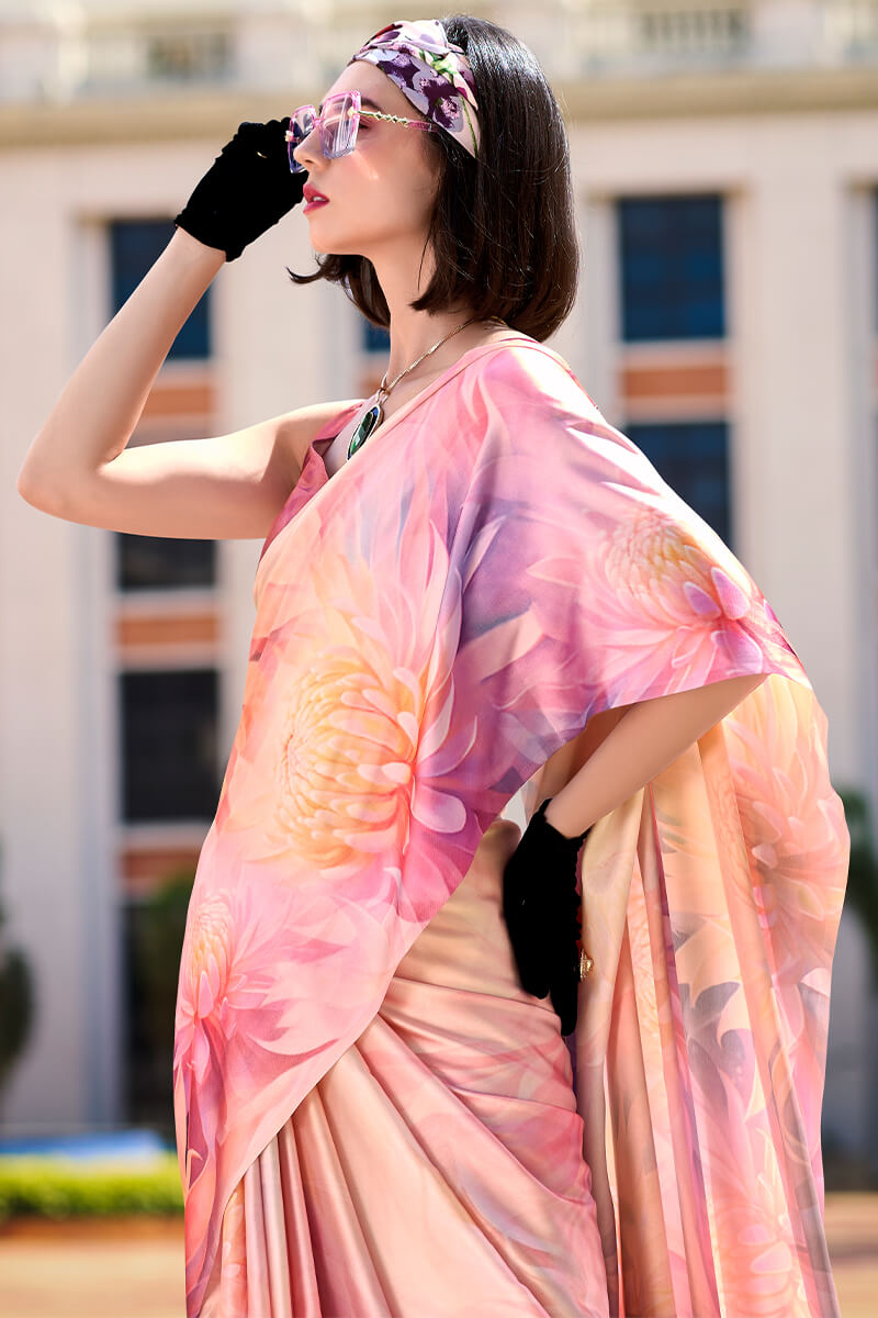 Soft Pink Printed Satin Crepe Silk Saree