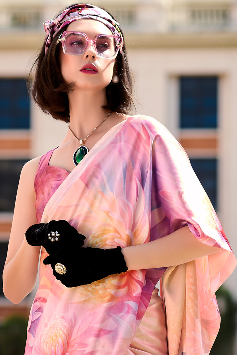 Soft Pink Printed Satin Crepe Silk Saree