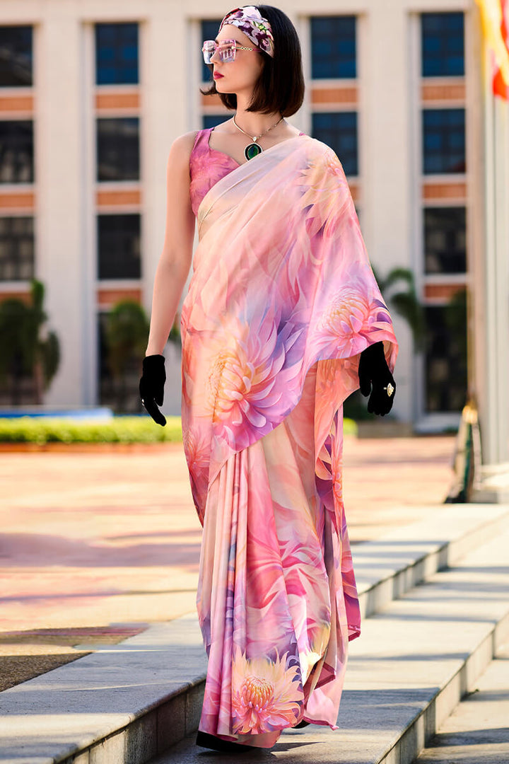 Soft Pink Printed Satin Crepe Silk Saree