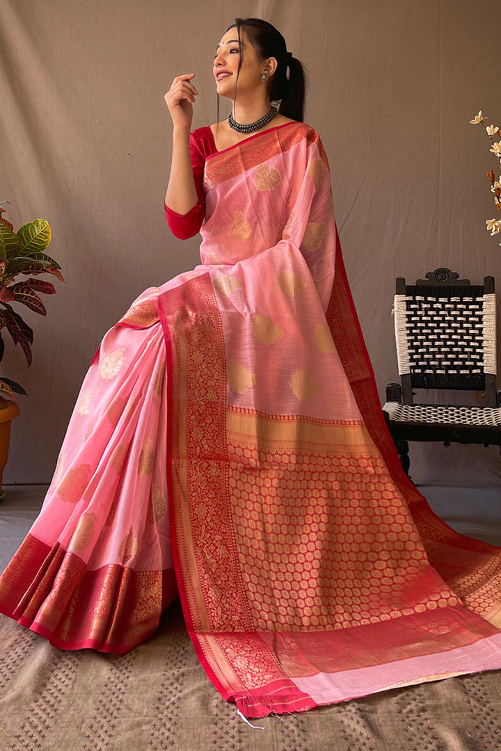 Soft Pink Zari Woven Linen Silk Saree