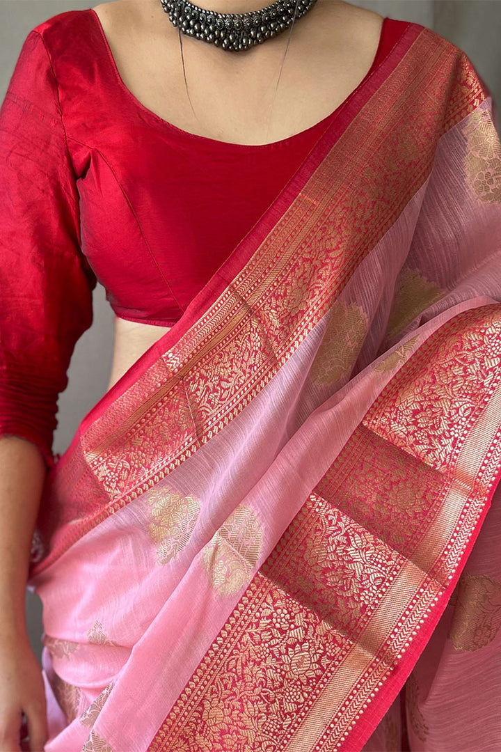 Soft Pink Zari Woven Linen Silk Saree