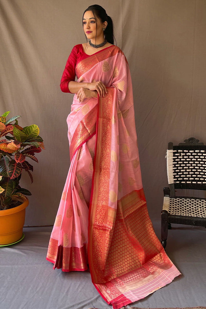 Soft Pink Zari Woven Linen Silk Saree