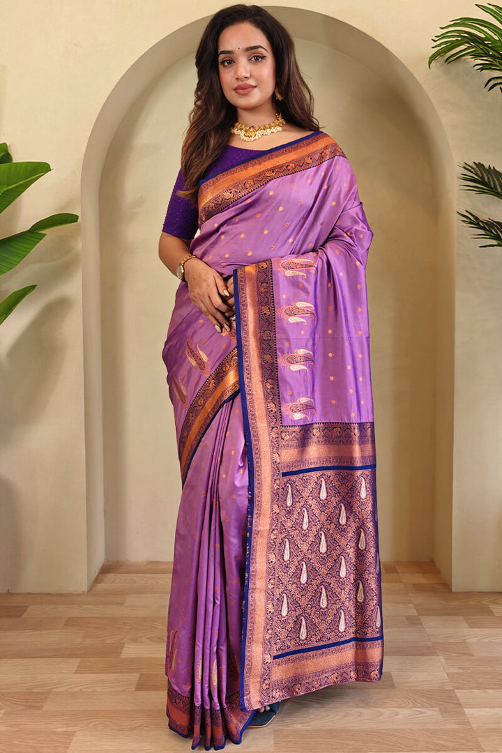 Soft Purple Zari Woven Banarasi Soft Silk Saree