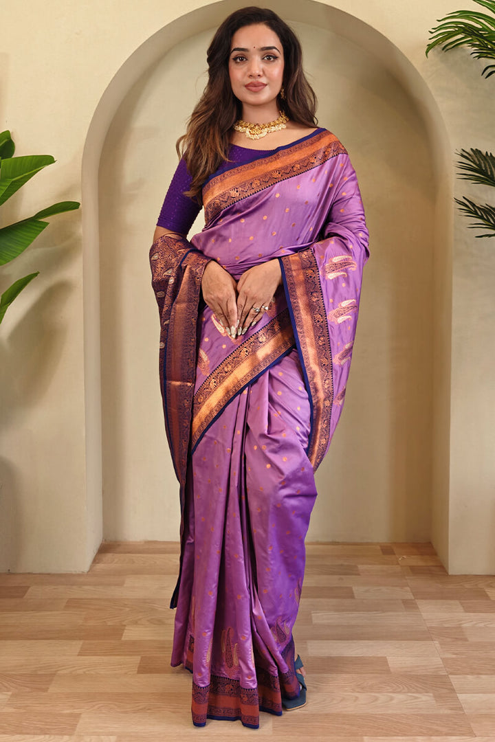 Soft Purple Zari Woven Banarasi Soft Silk Saree