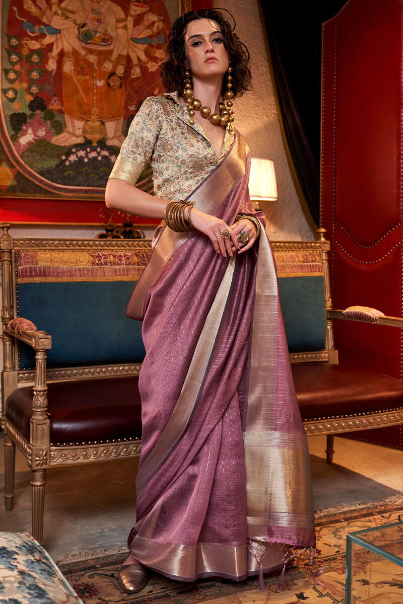 Solid Pink Hand Woven Moss Chiffon Silk Saree