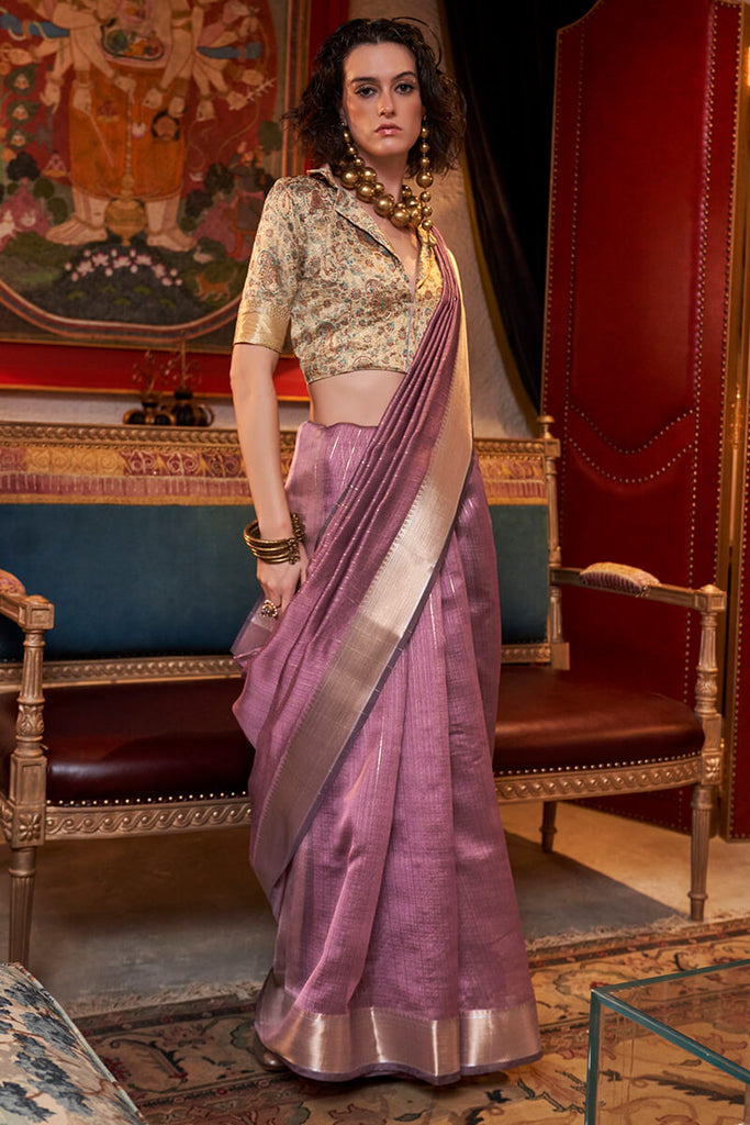 Solid Pink Hand Woven Moss Chiffon Silk Saree