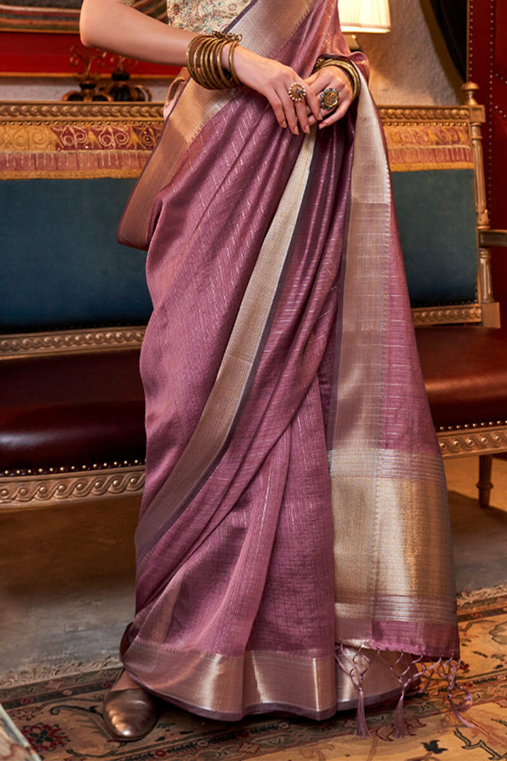 Solid Pink Hand Woven Moss Chiffon Silk Saree