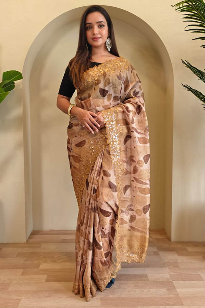 Sorrell Brown Embroidery and Printed Organza Silk Saree