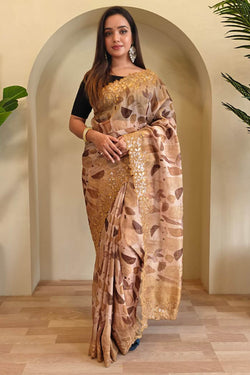 Sorrell Brown Embroidery and Printed Organza Silk Saree