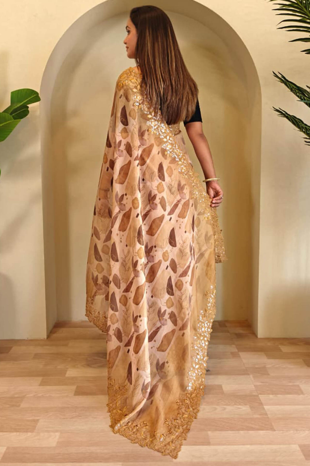 Sorrell Brown Embroidery and Printed Organza Silk Saree