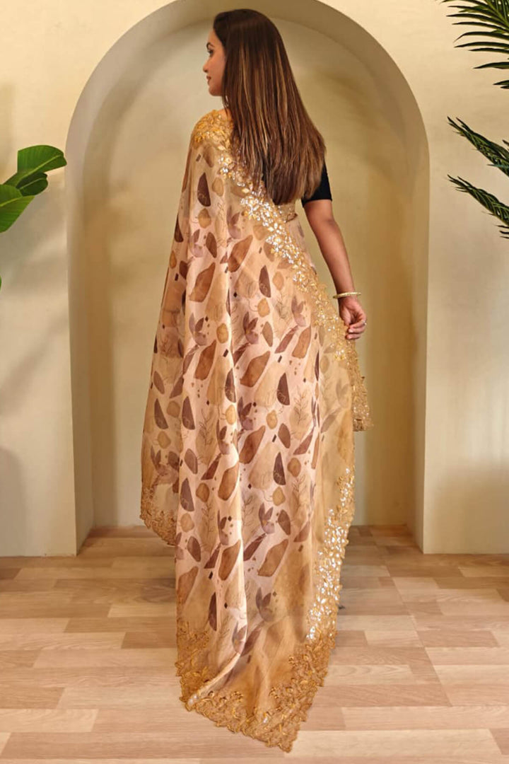 Sorrell Brown Embroidery and Printed Organza Silk Saree