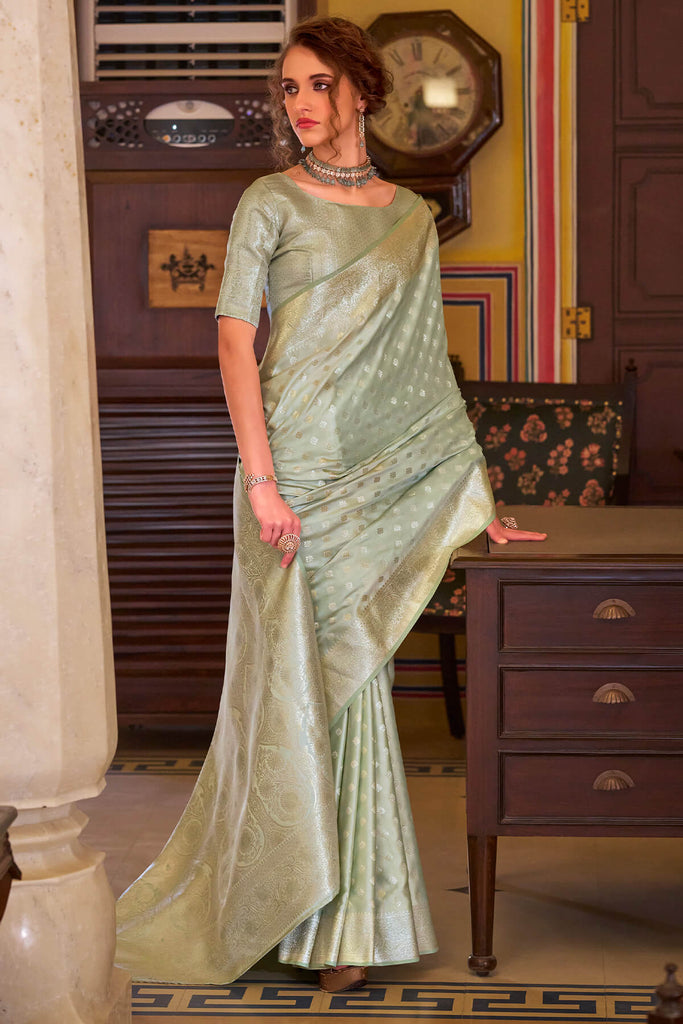 Spanish Green Banarasi Satin Silk Saree