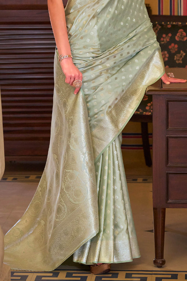 Spanish Green Banarasi Satin Silk Saree