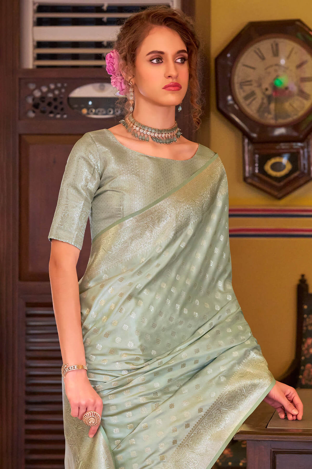 Spanish Green Banarasi Satin Silk Saree