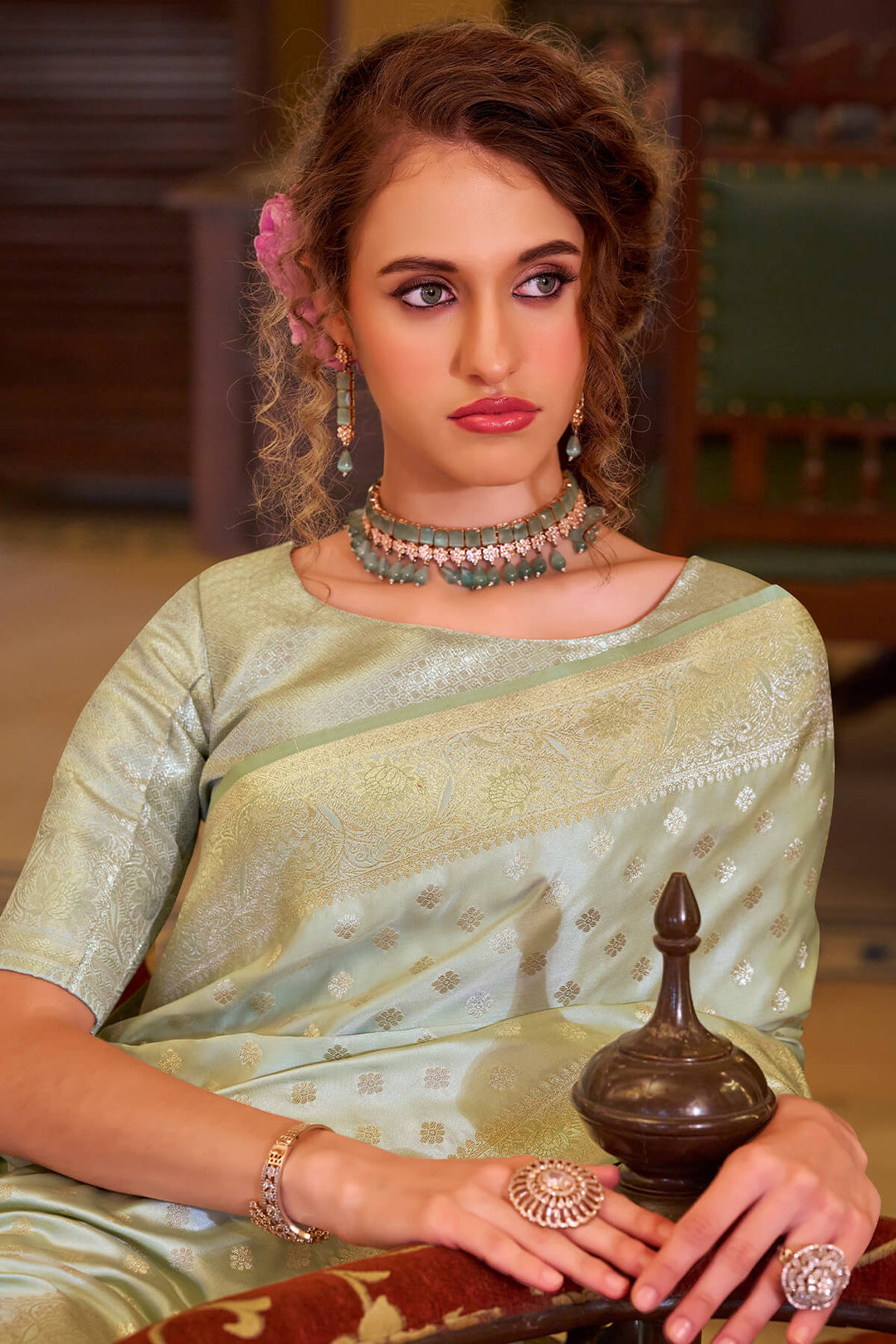 Spanish Green Banarasi Satin Silk Saree