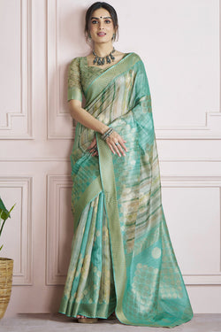 Spanish Green Digital Printed Khadi Silk Saree