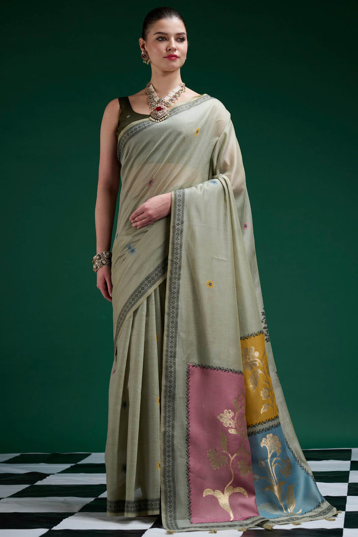 Spanish Green Jamdani Cotton Silk Saree