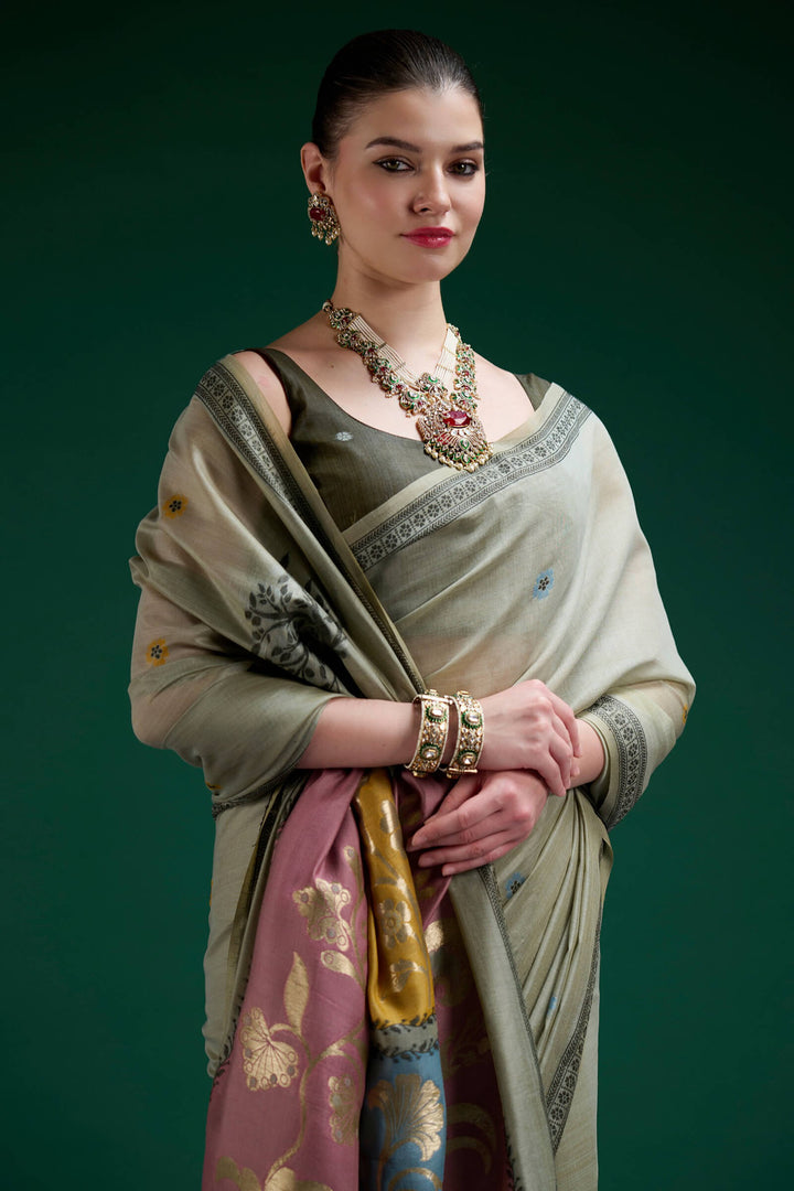 Spanish Green Jamdani Cotton Silk Saree