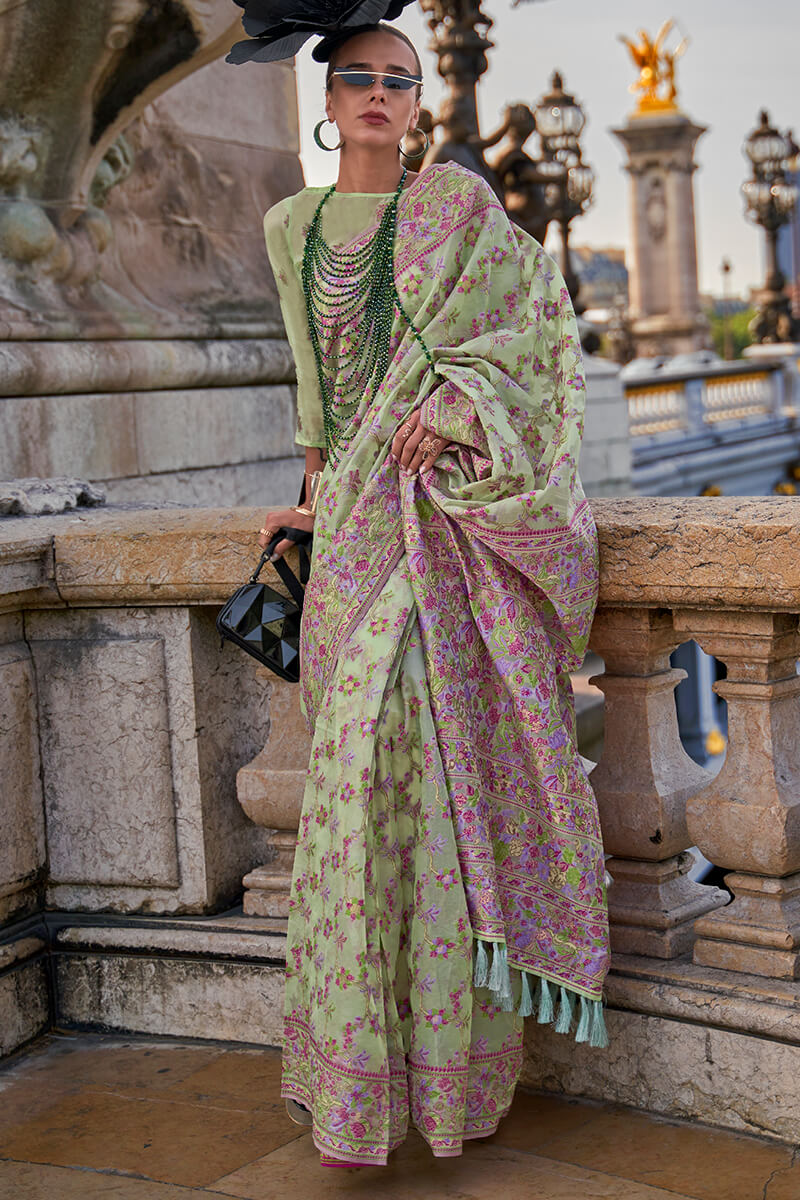 Spanish Green Kashmiri Weaving Organza Silk Saree