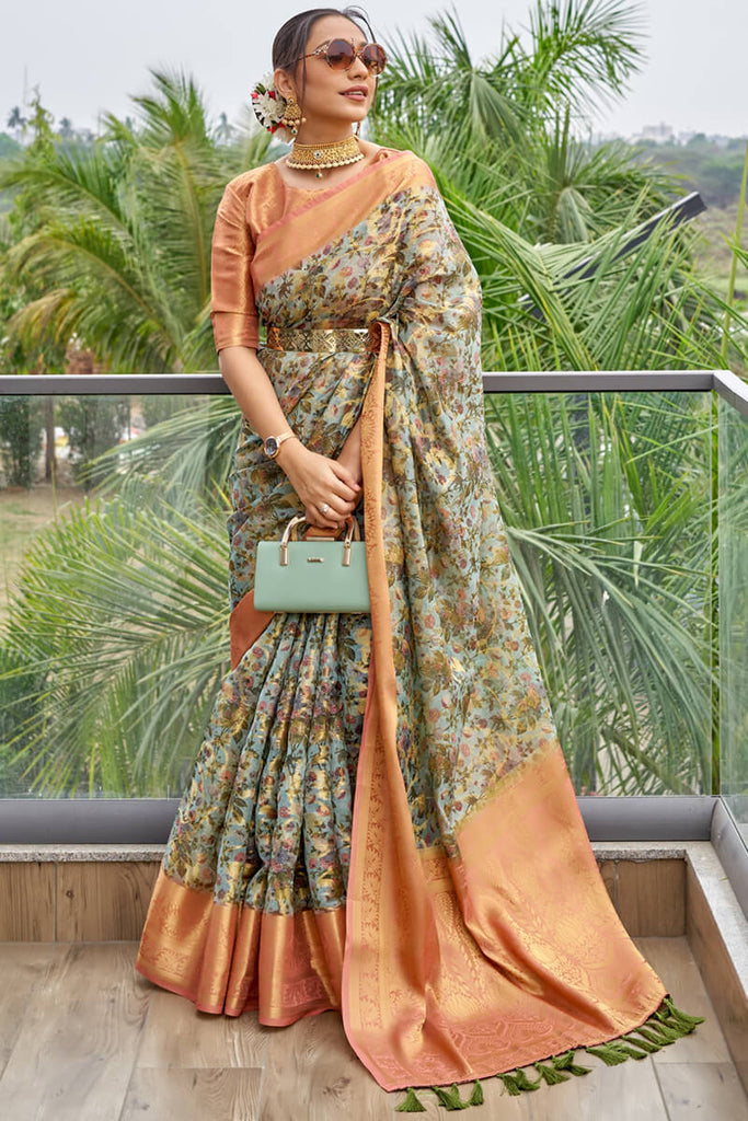 Spanish Green Printed Organza Silk Saree