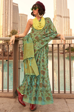 Spanish Green Printed Tissue Silk Saree