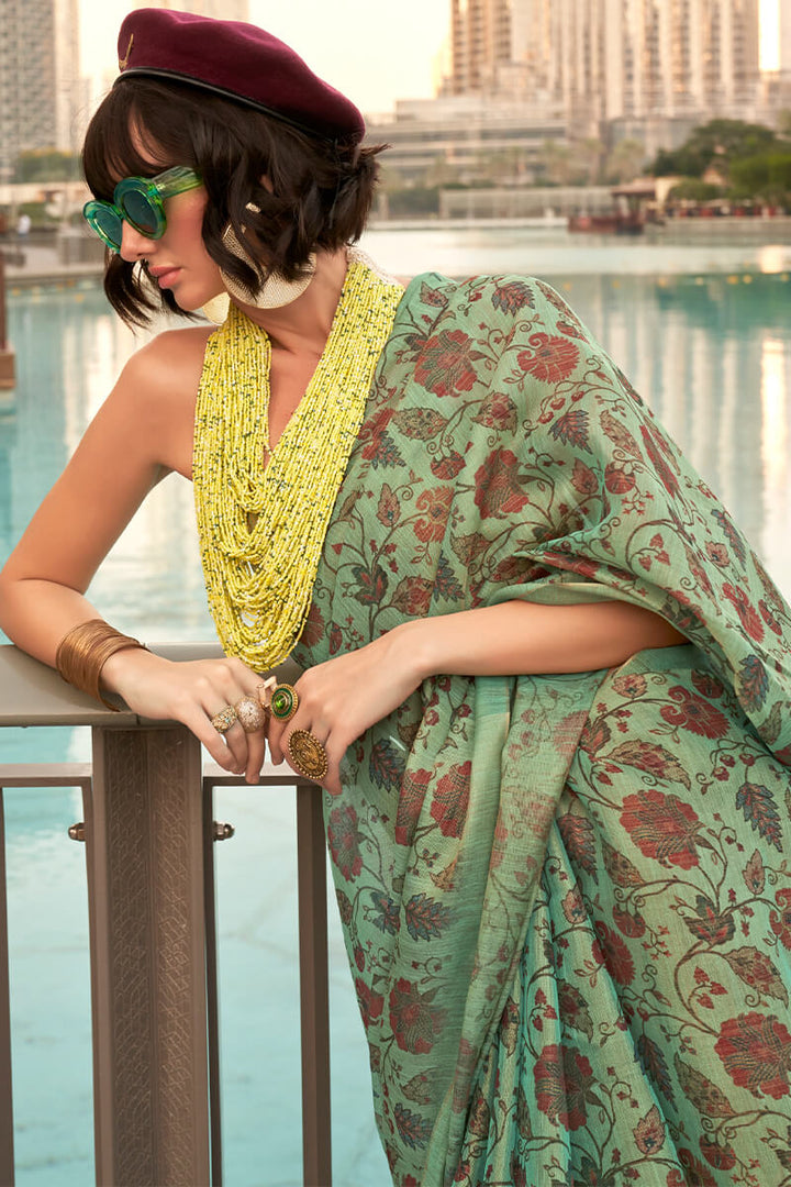 Spanish Green Printed Tissue Silk Saree