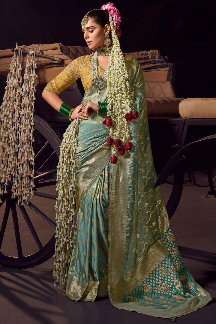 Spanish Green Pure Satin Based Fancy Silk Saree with Designer Blouse Piece