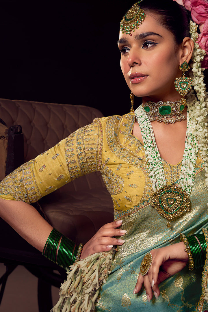 Spanish Green Pure Satin Based Fancy Silk Saree with Designer Blouse Piece