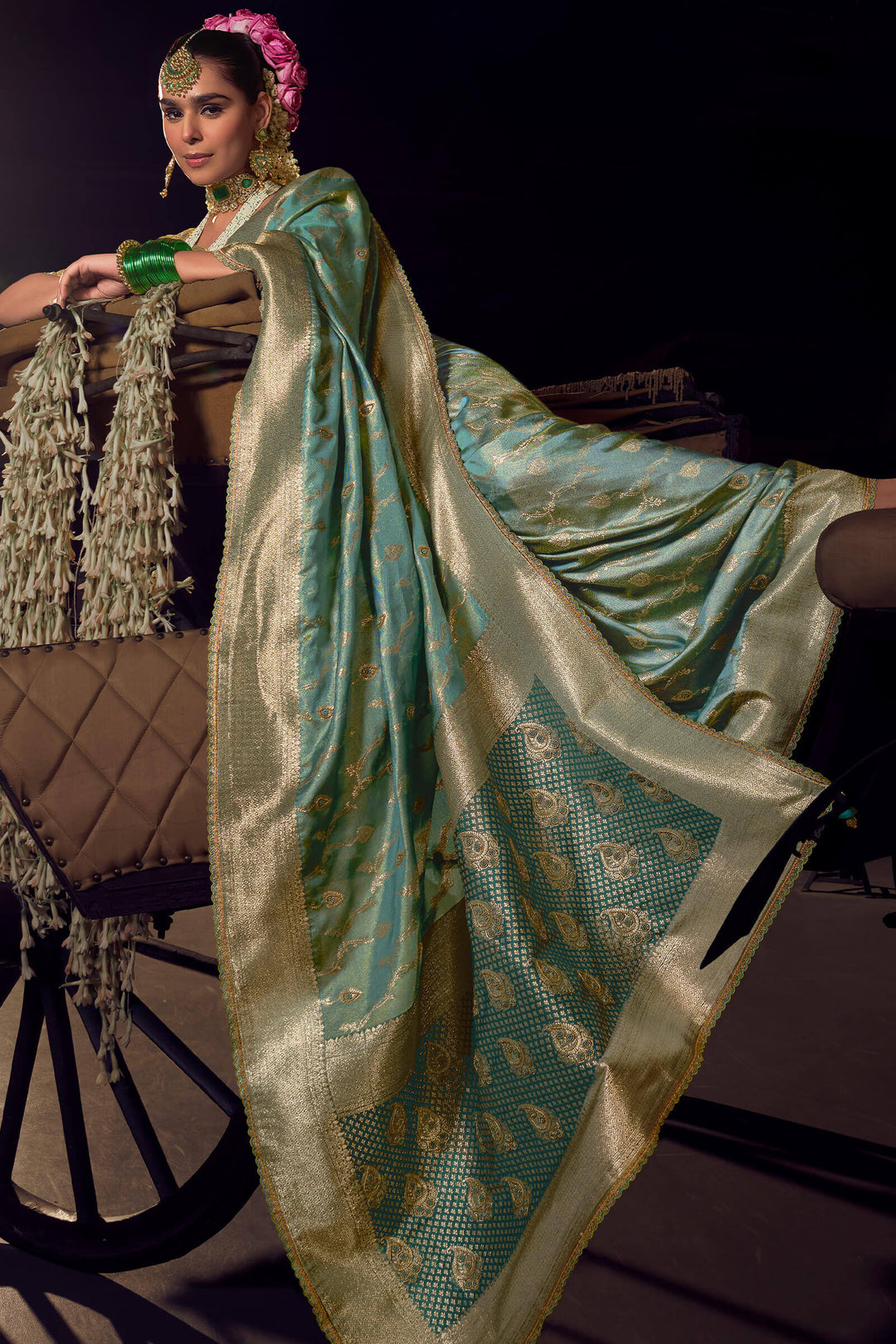 Spanish Green Pure Satin Based Fancy Silk Saree with Designer Blouse Piece