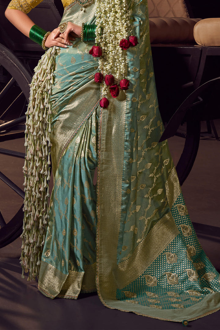 Spanish Green Pure Satin Based Fancy Silk Saree with Designer Blouse Piece