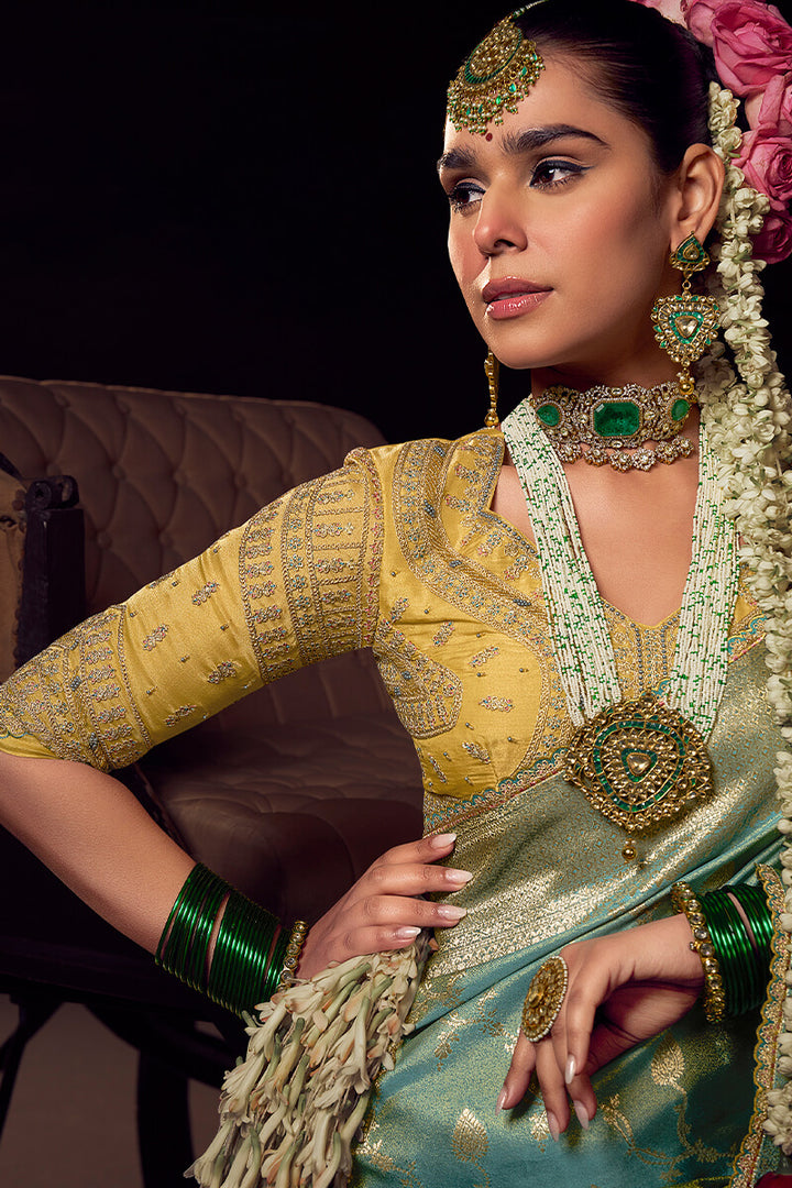 Spanish Green Pure Viscose Tissue Silk Hand Worked Saree