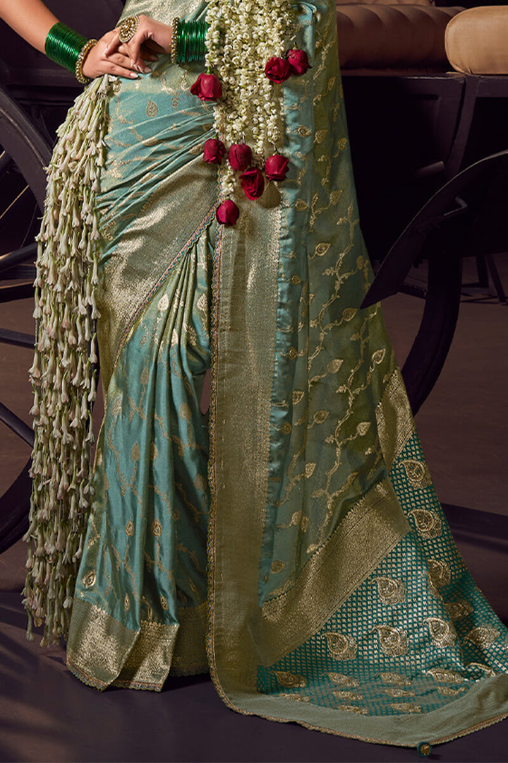 Spanish Green Pure Viscose Tissue Silk Hand Worked Saree