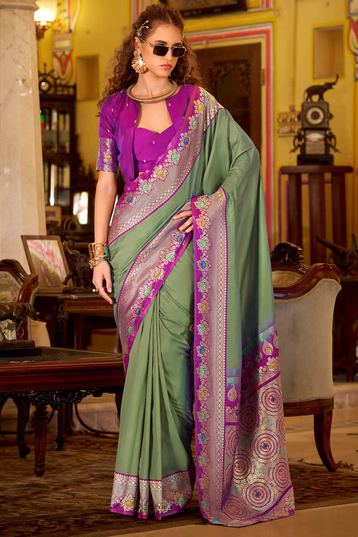 Spanish Green Purple Banarasi Soft Silk Saree