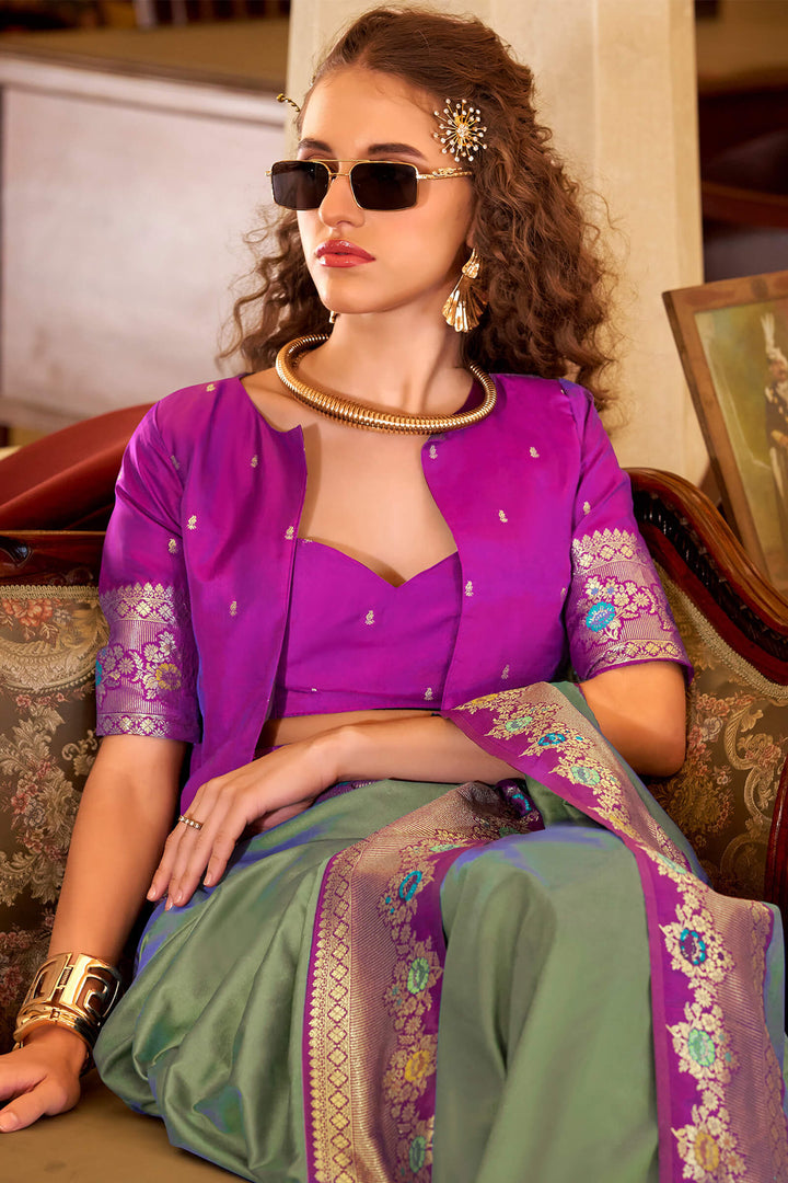 Spanish Green Purple Banarasi Soft Silk Saree