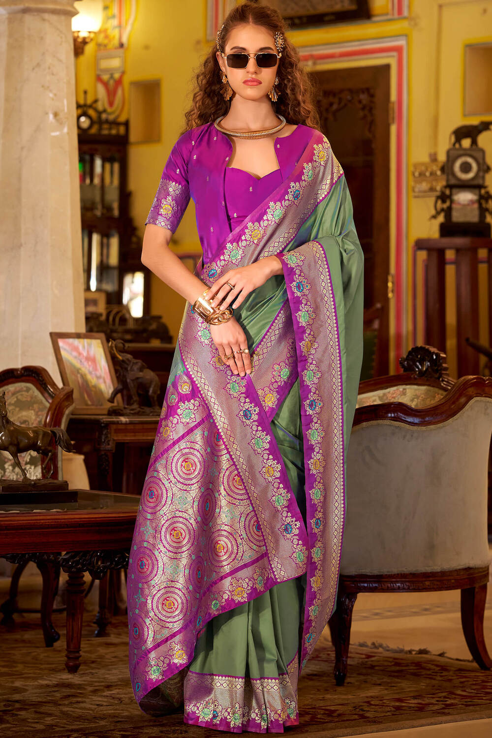 Spanish Green Purple Banarasi Soft Silk Saree