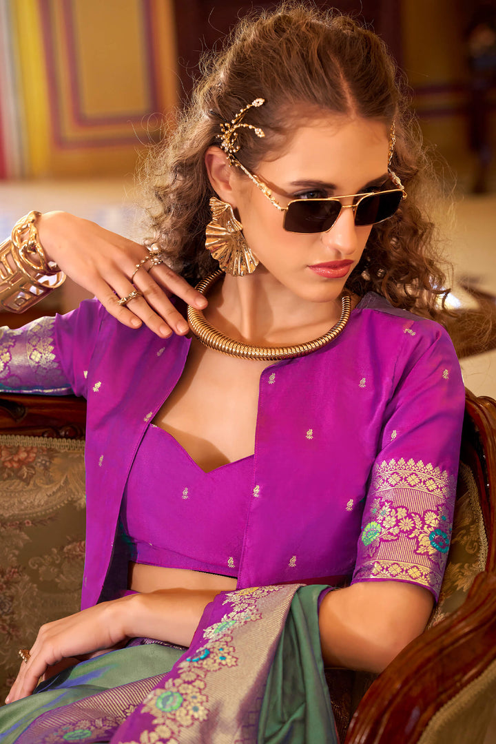 Spanish Green Purple Banarasi Soft Silk Saree