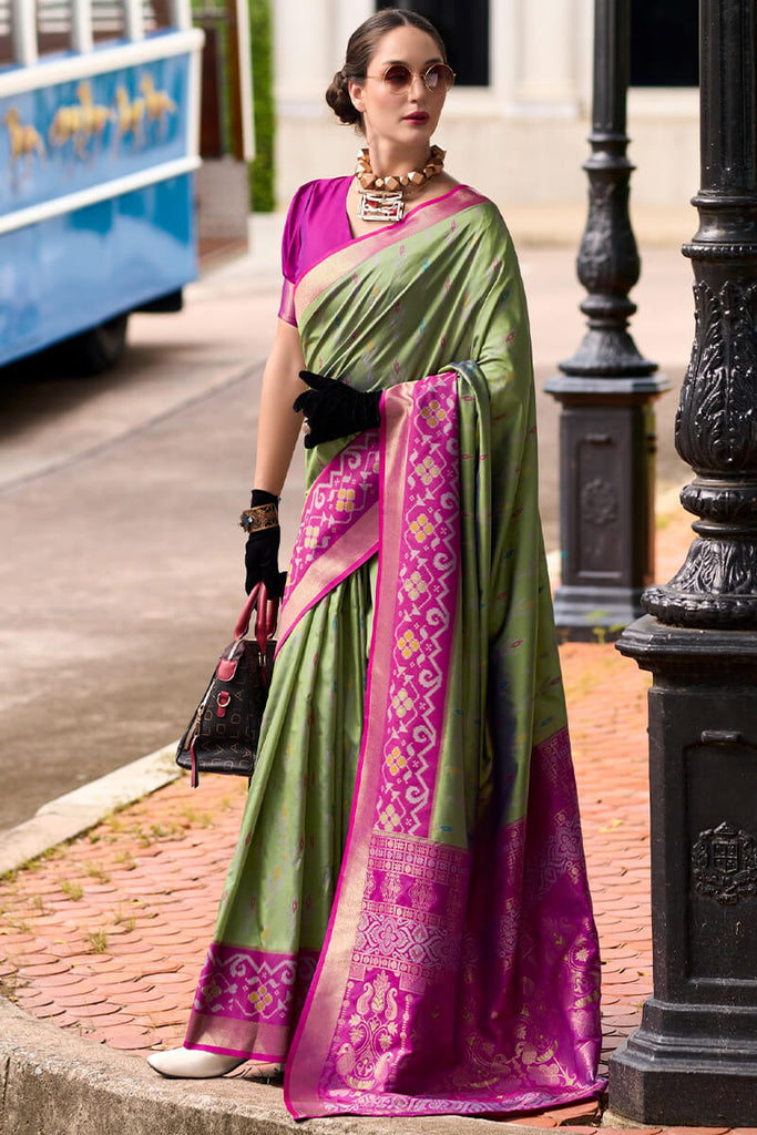 Spanish Green Soft Silk Saree with Ikkat Border