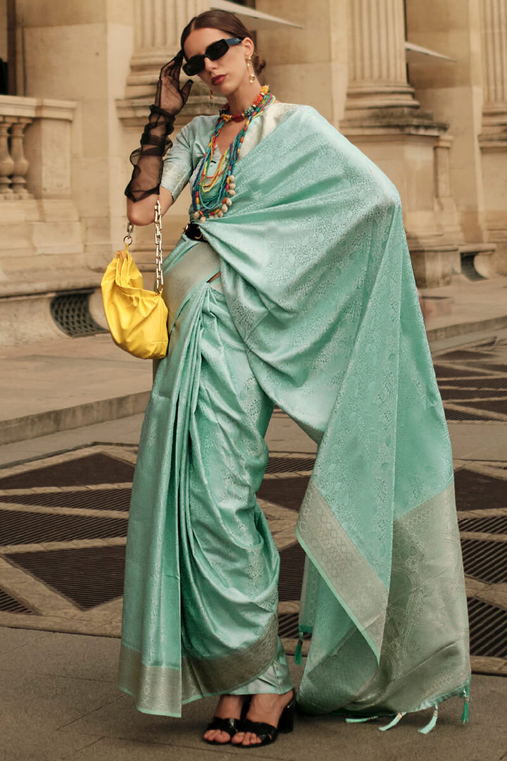 Spanish Green Zari Woven Banarasi Satin Silk Saree